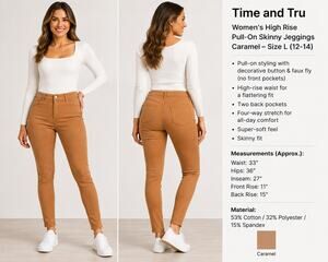 Time and Tru Women's High Rise Pull-On Skinny Jeggings Caramel Size L 12-14